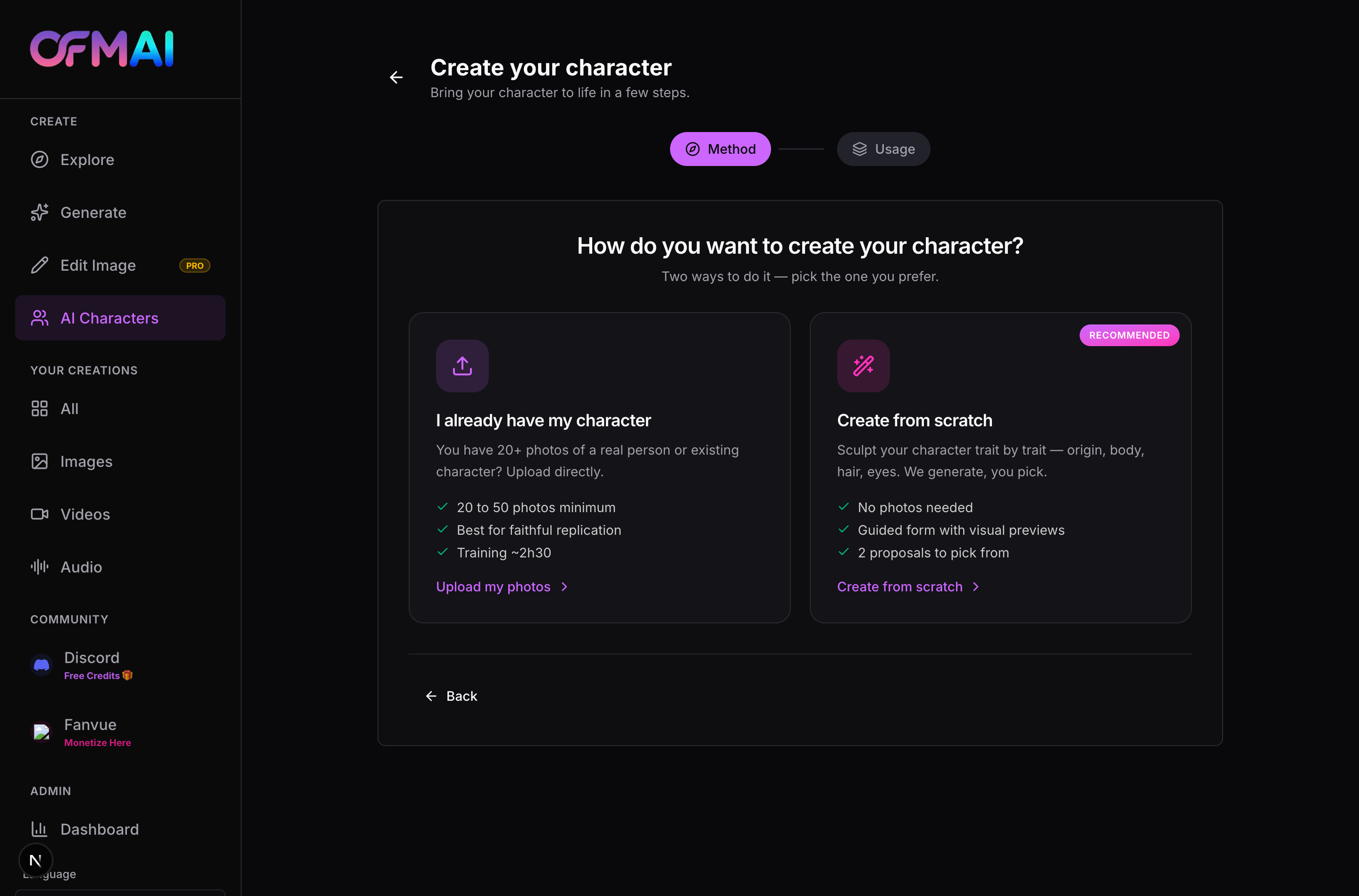The Method step of the character builder showing both cards side by side — I already have my character on the left, Create from scratch with its Recommended badge on the right