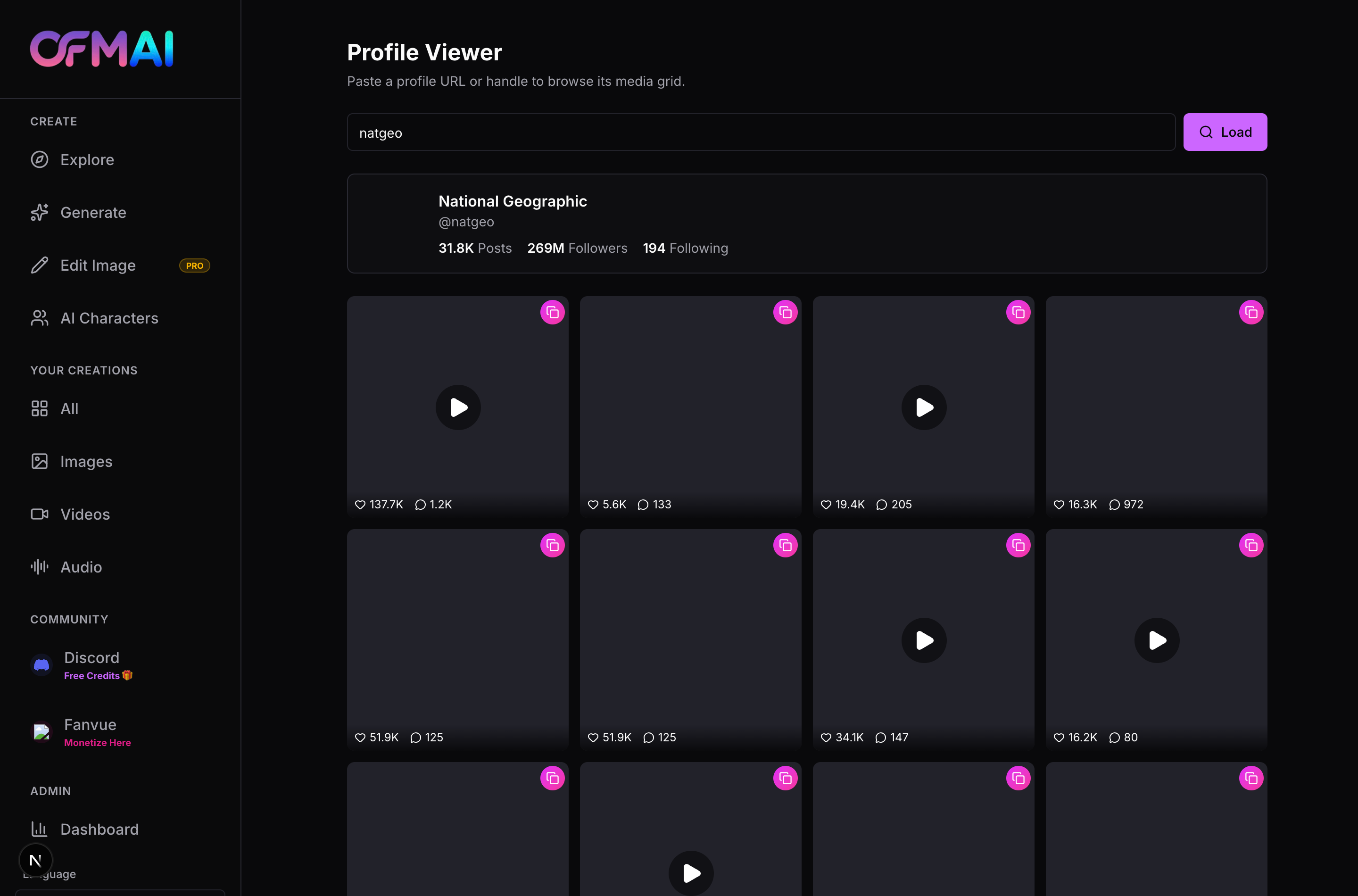 The OFMAI replication browser showing a loaded Instagram profile as a grid of post thumbnails, with like, comment and view counts overlaid on each tile so one outlier post stands out against its neighbours